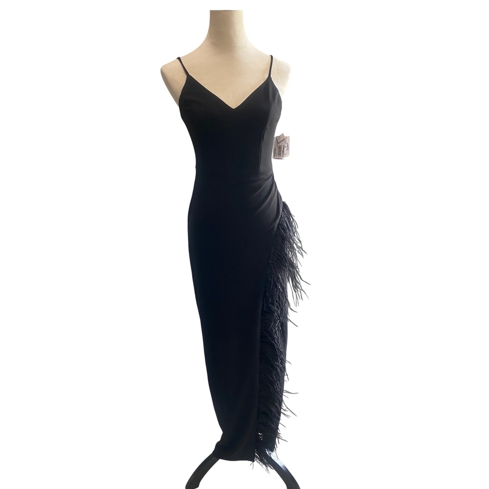 AQUA Formal Black Feather Trim Slit Gown V-Neck Maxi Dress 6078X Mens Size 0 NWT